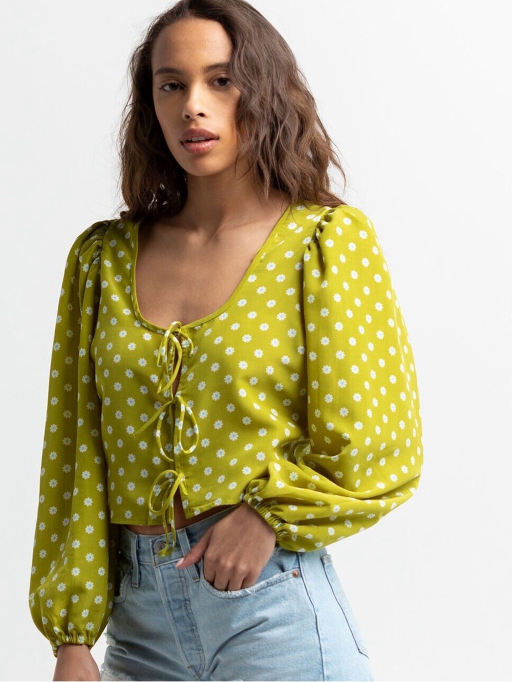 Levi's Lime Green Floral Tie-Front Puff-Sleeve Blouse